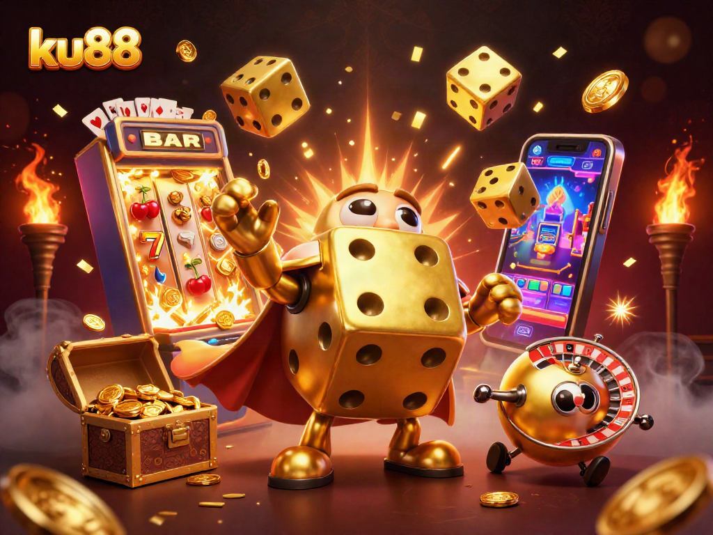 Roll the dice at ku88, experiencing dazzling casino elements with vibrant golden graphics.