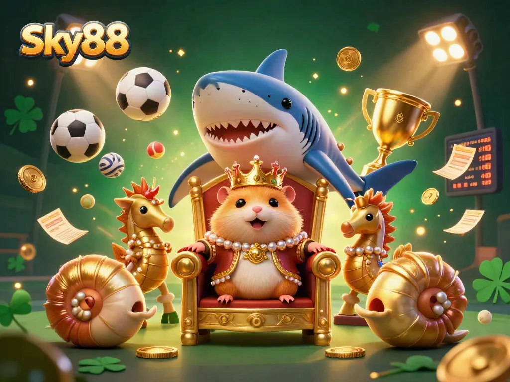 Experience thrilling bets at Sky88 with dynamic sports elements in a vibrant 3D casino scene.